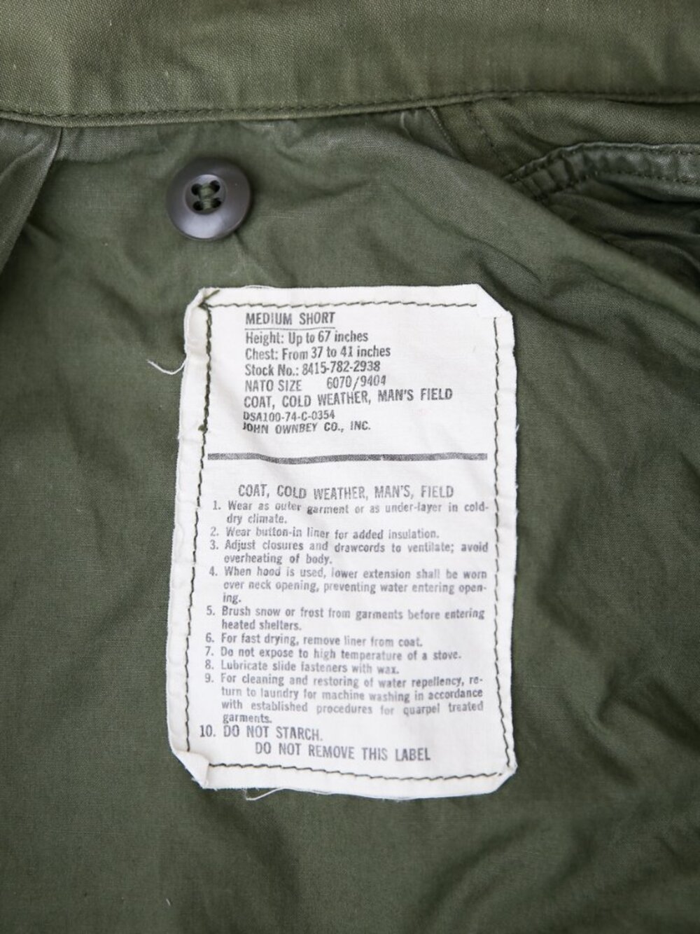 Vintage 1974 US Army M-65 Field Jacket by John Ownbey Co. Medium Short Brass Zip - Picture 13 of 14